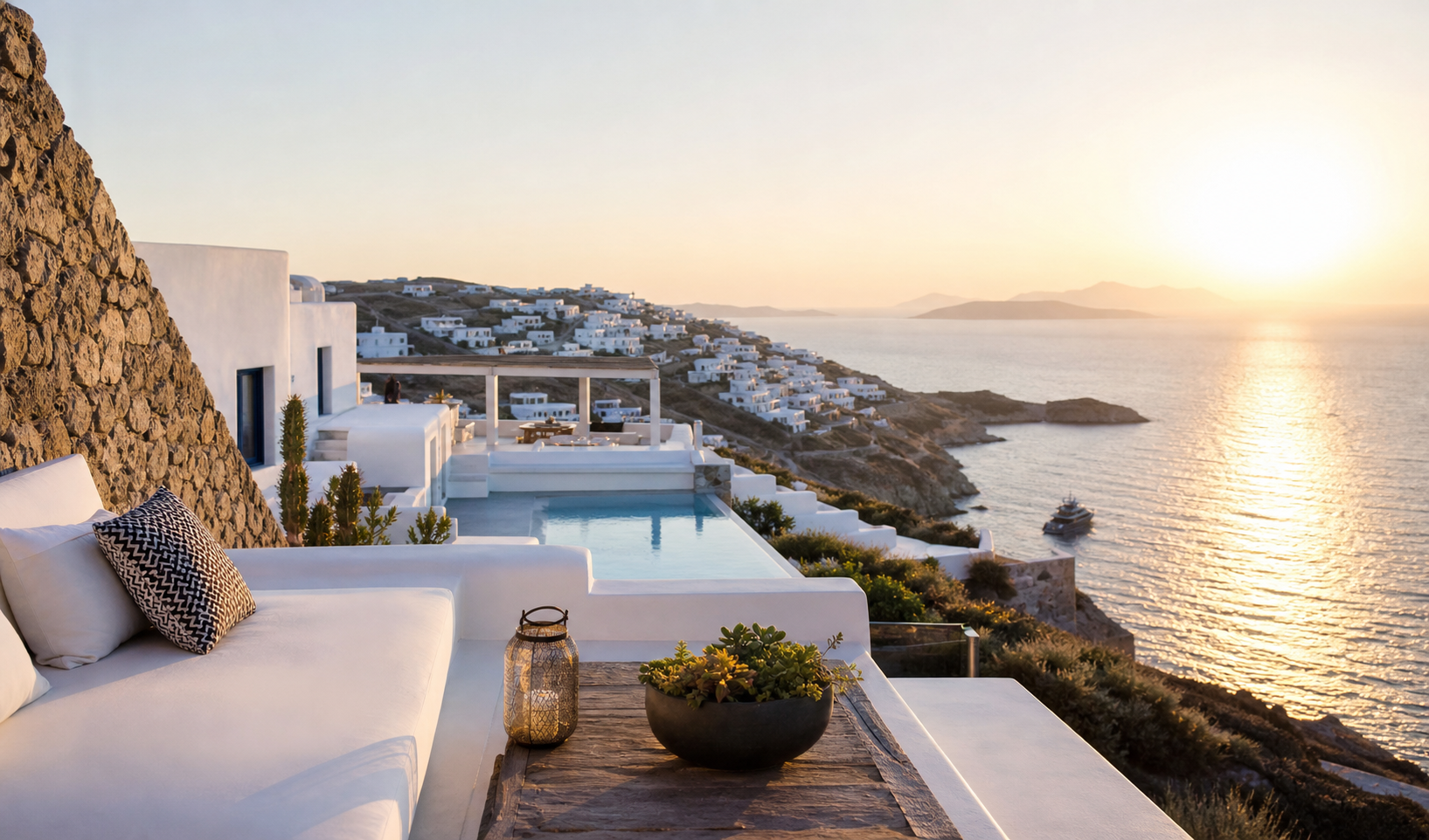Luxury Mykonos Aegean villa sunset experience