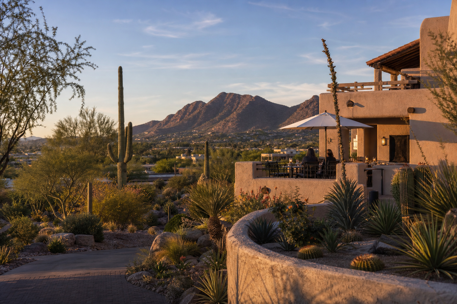 Scottsdale desert architecture and dining terrace overlooking Camelback Mountain