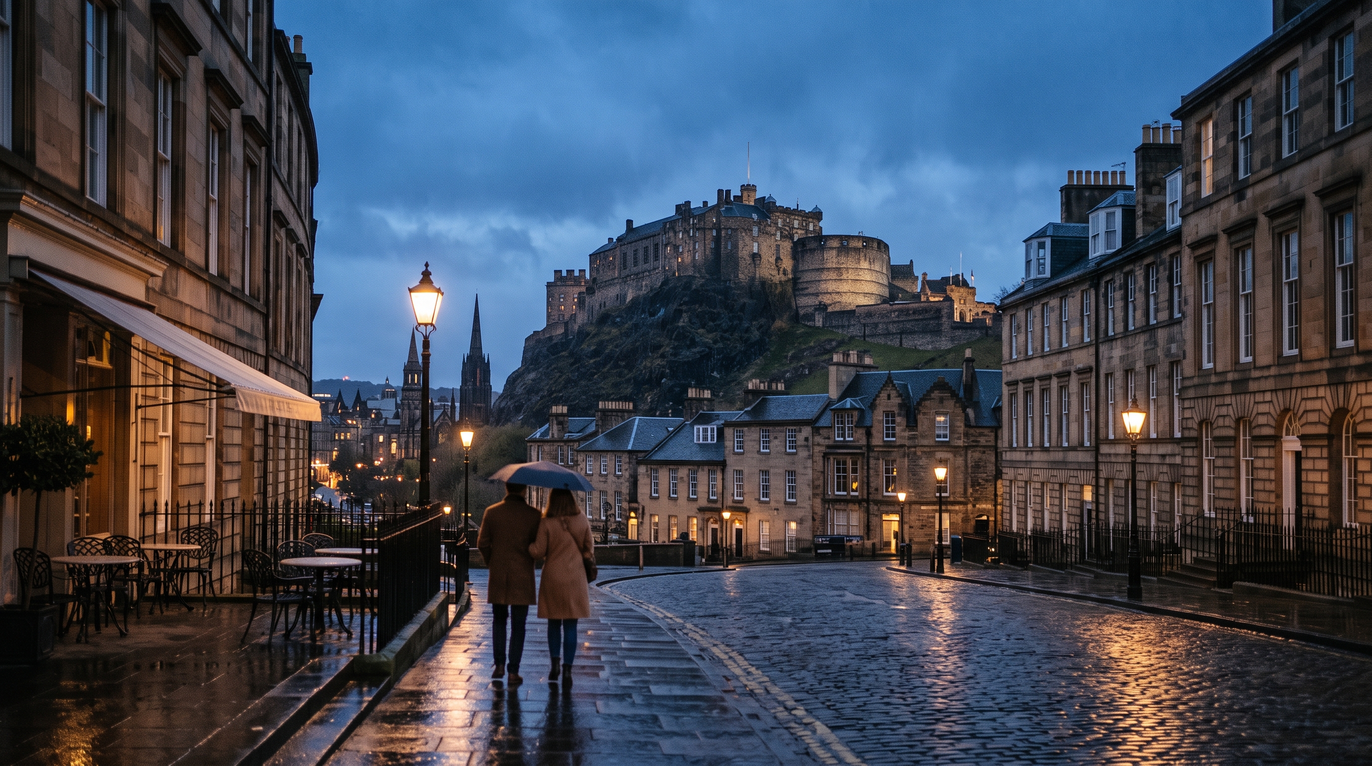 Edinburgh Castle above Georgian streets after rain at dusk