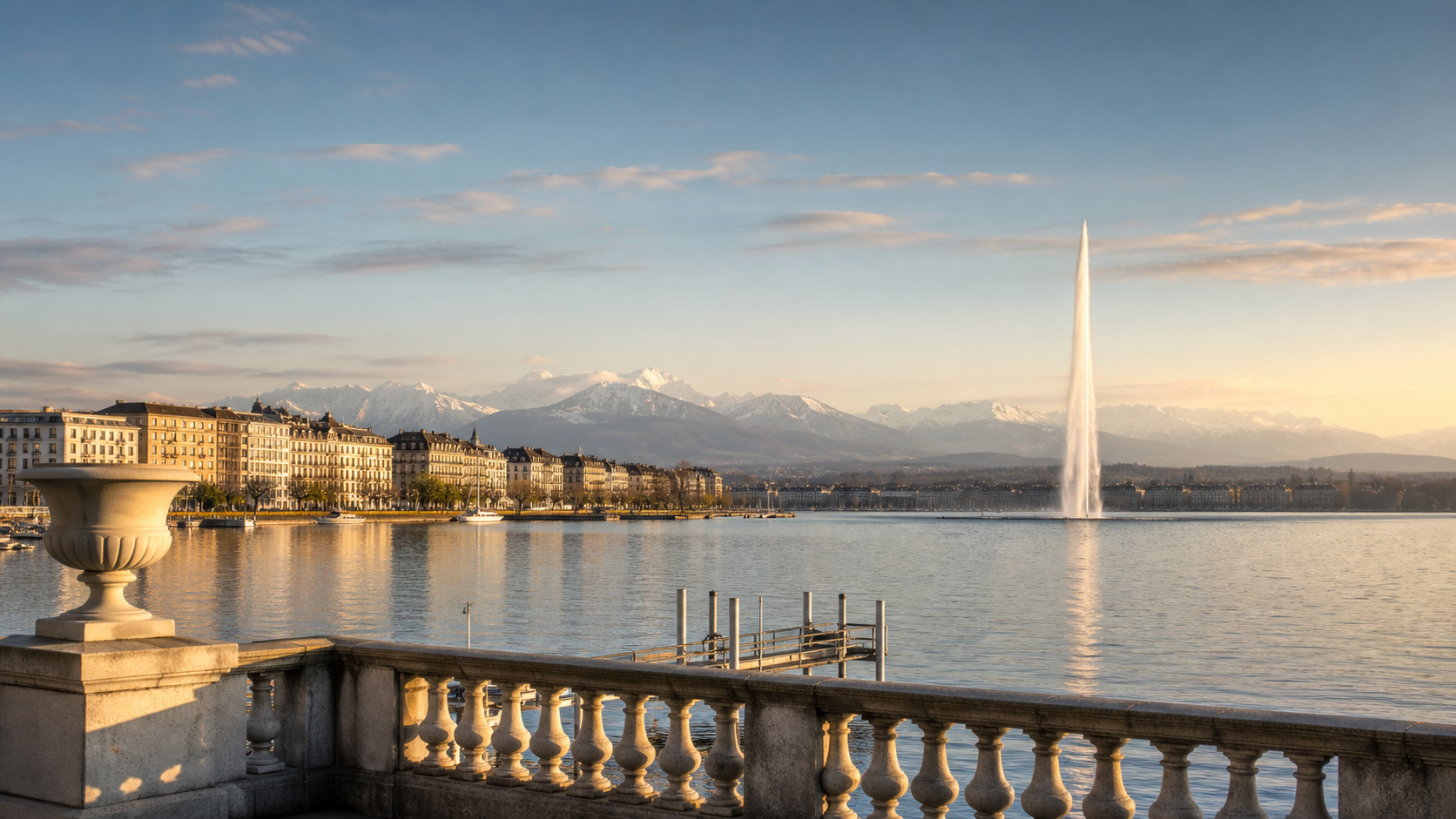 Lake Geneva waterfront and Jet d’Eau at golden hour