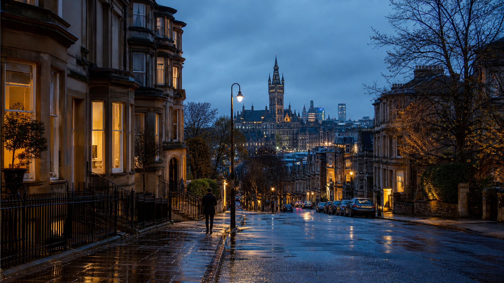 Glasgow city streets and skyline at blue hour after rain