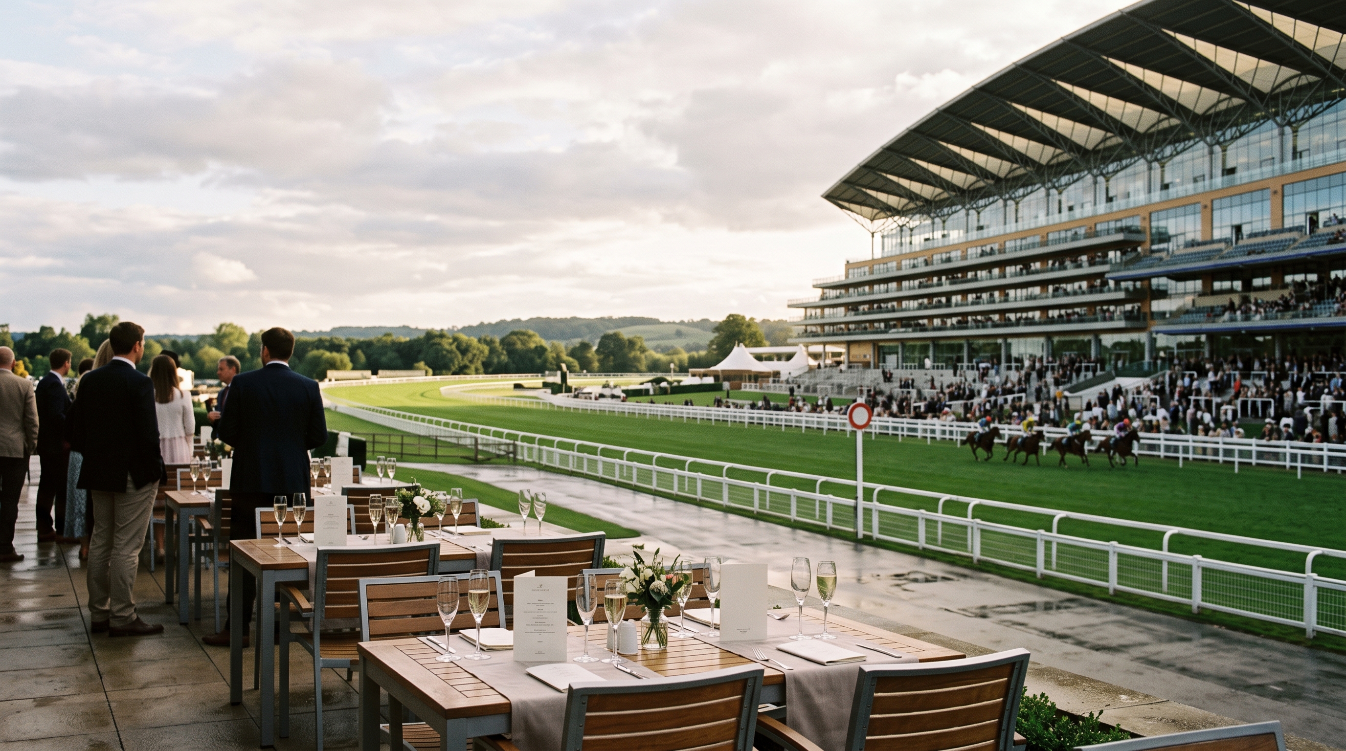 Ascot Racecourse grandstand viewed from a private hospitality terrace
