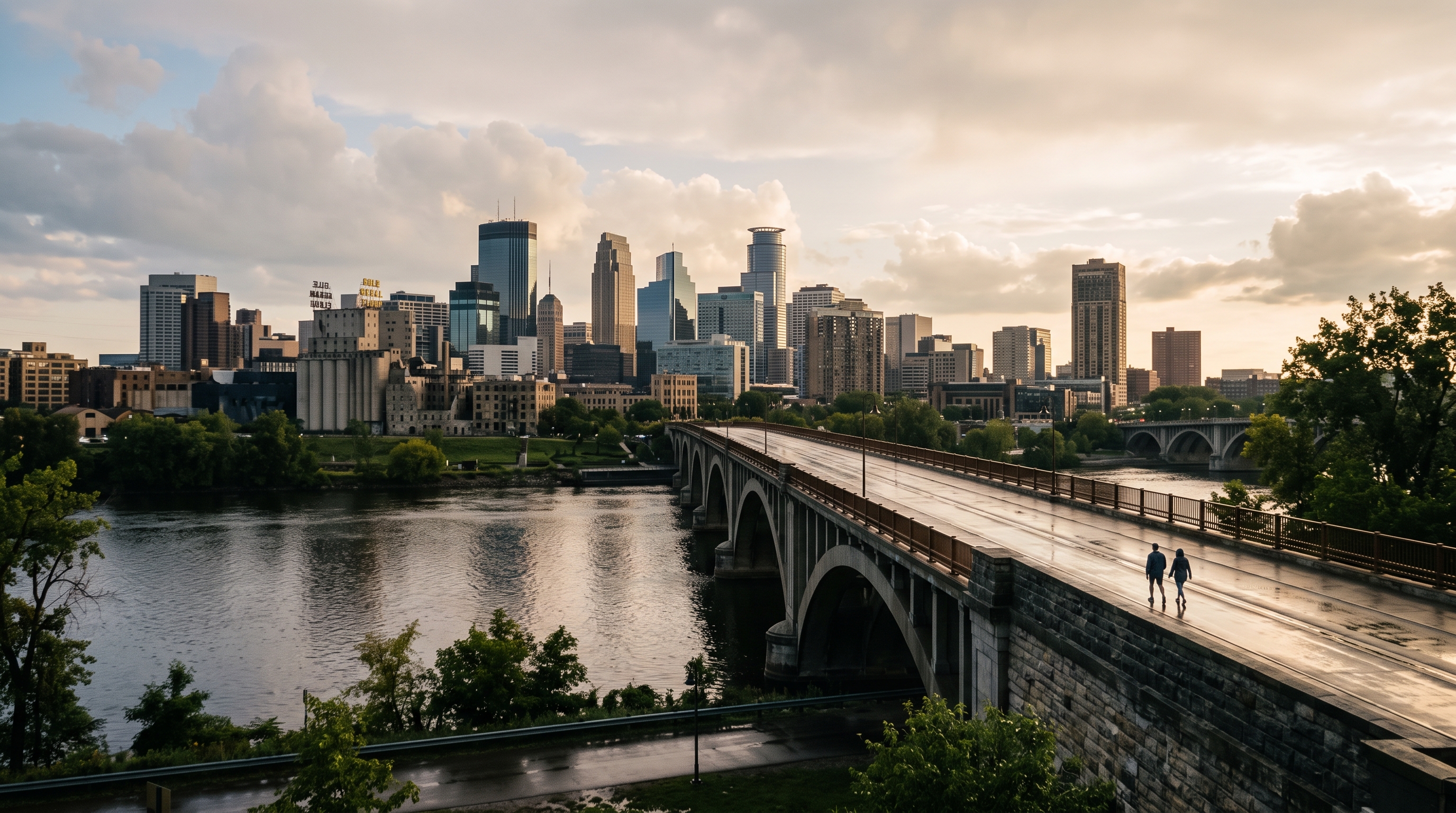 Minneapolis skyline and Stone Arch Bridge over the Mississippi River