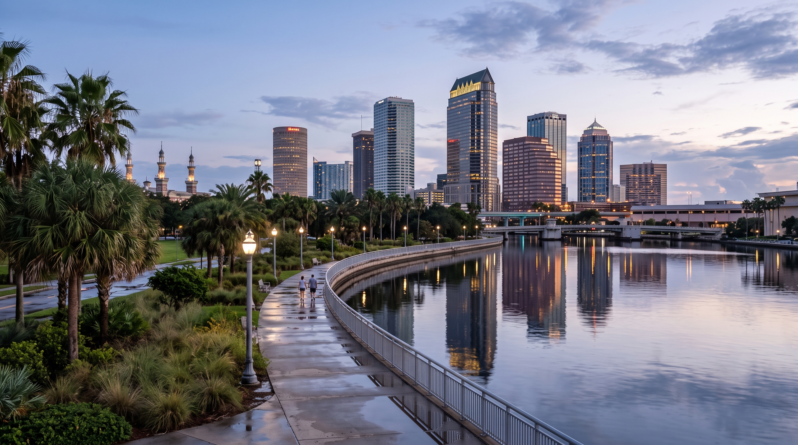 Tampa Riverwalk with the downtown waterfront skyline at dusk