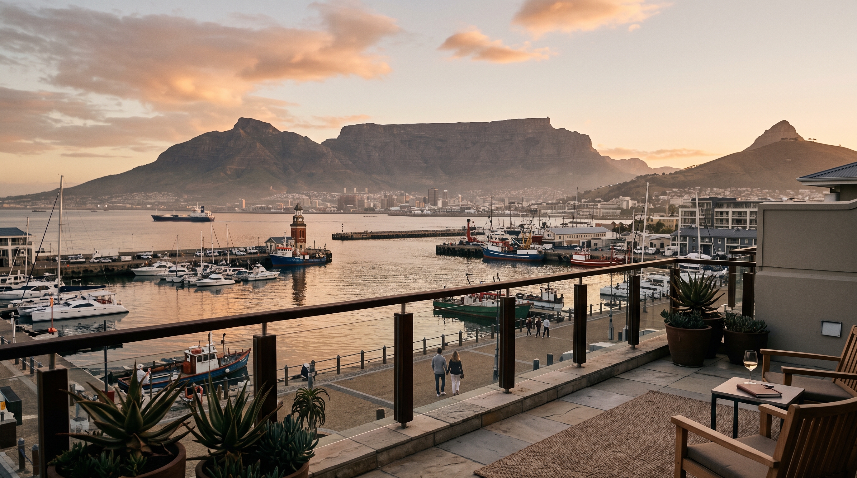 Table Mountain and Cape Town harbour at sunset