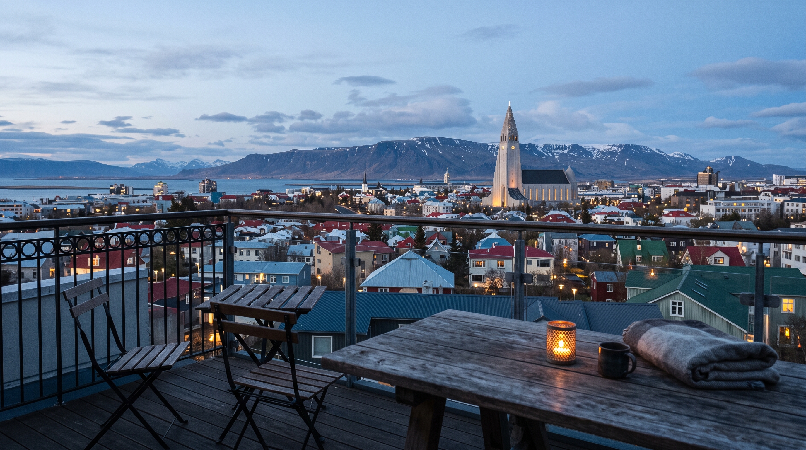 Reykjavik skyline and Hallgrimskirkja from a private terrace at blue hour