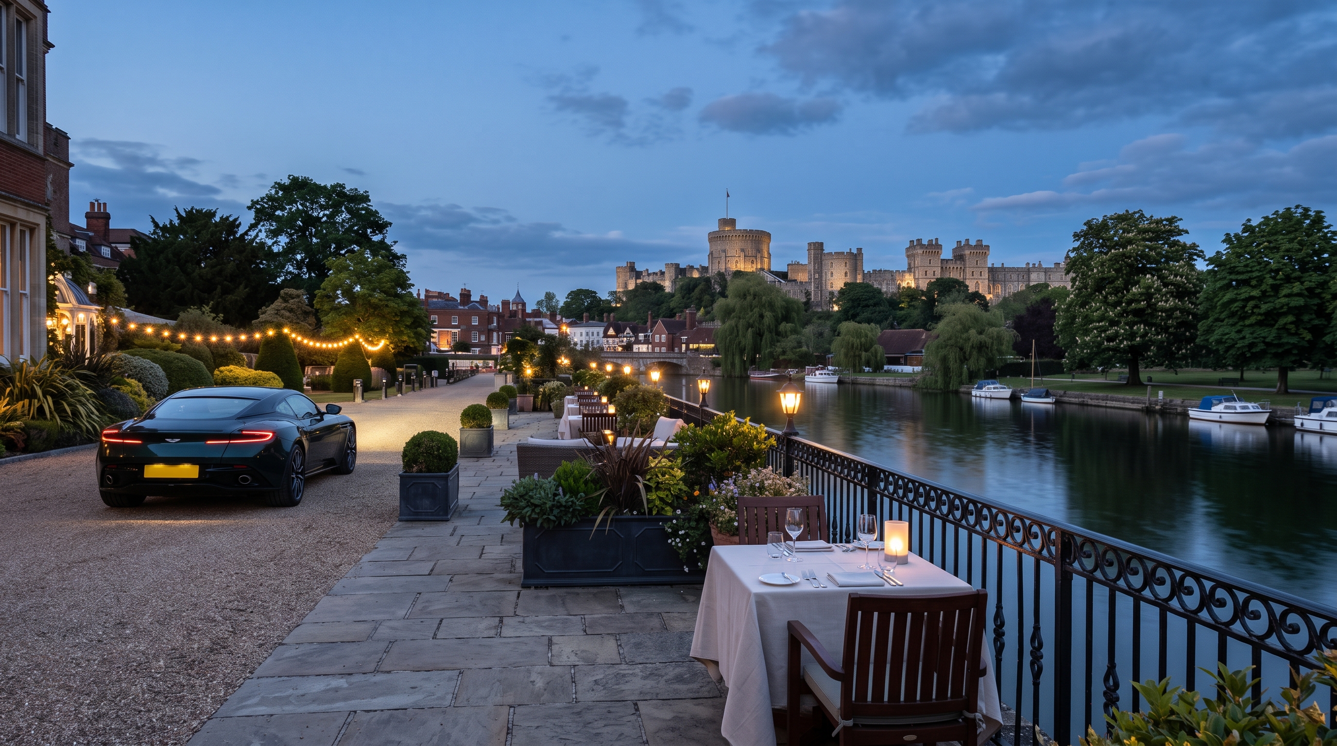 Windsor Castle from an elegant Thames-side terrace at blue hour